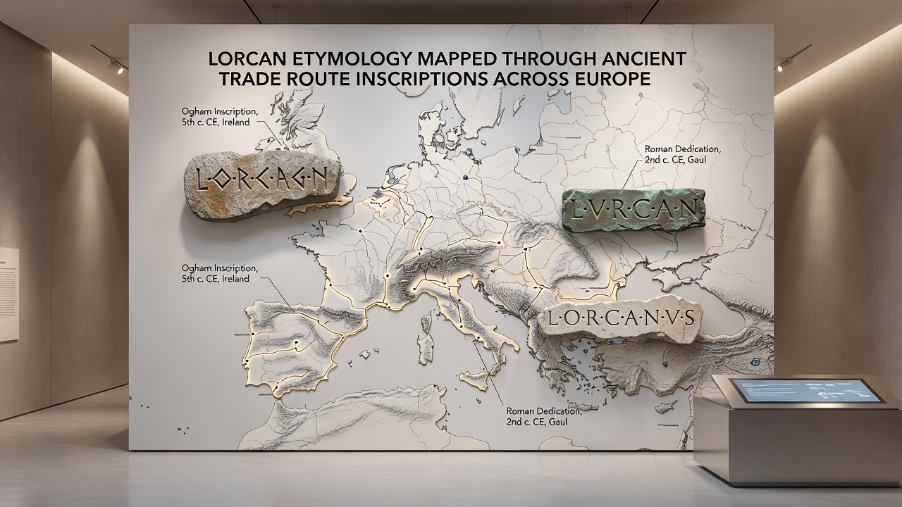 Close-up of trade route inscription artifacts featuring Lorcan name variants