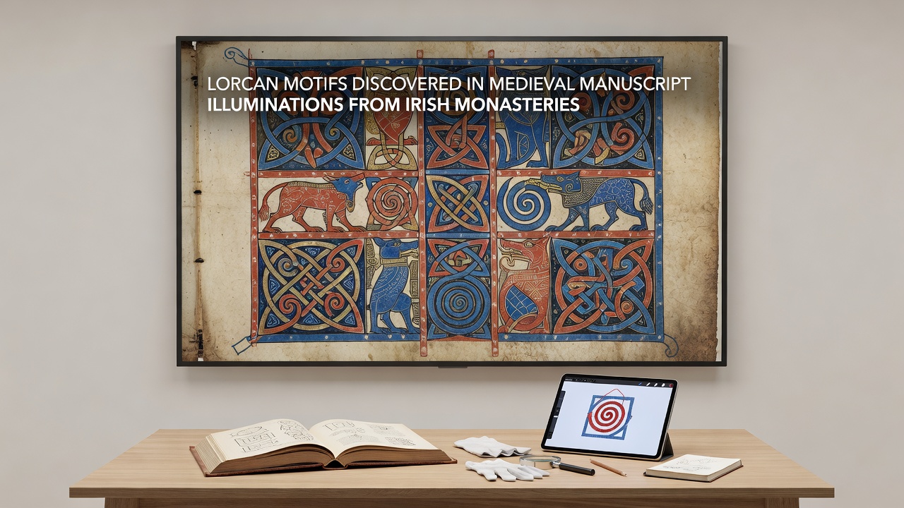 Close-up of illuminated page from an Irish monastery manuscript highlighting repeated Lorcan interlace patterns around text