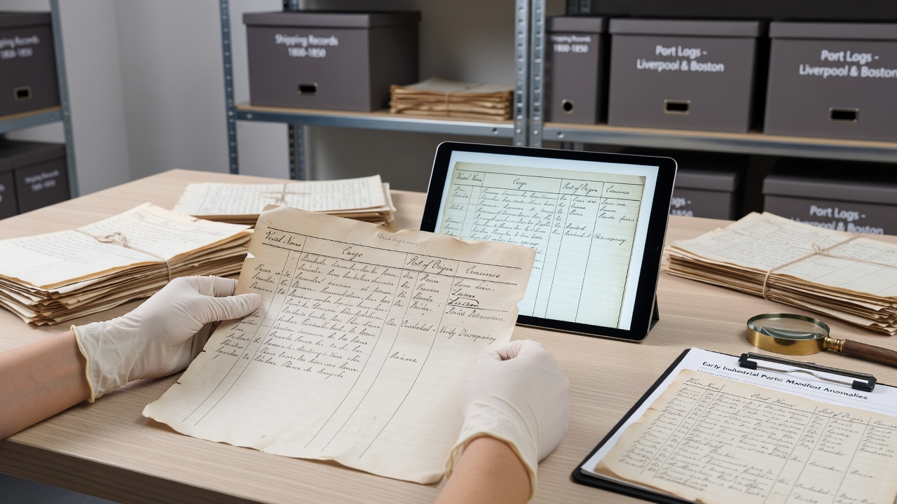 Close-up of archival shipping manifest pages with handwritten entries including the name Lorcan